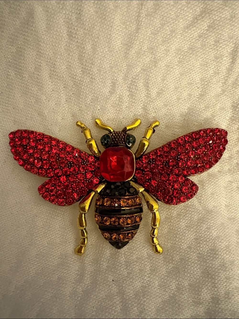 Red Crystal Bee Brooch - Gold Tone